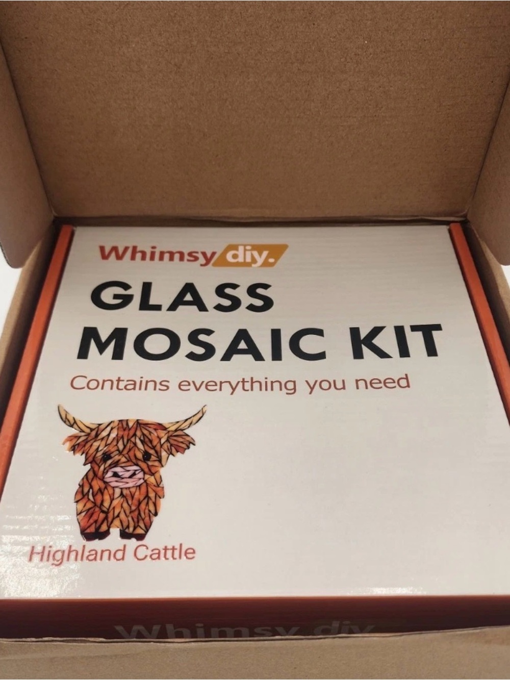 NEW Whimsy DIY Glass Mosaic Kit - Highland Cattle (White & Orange)